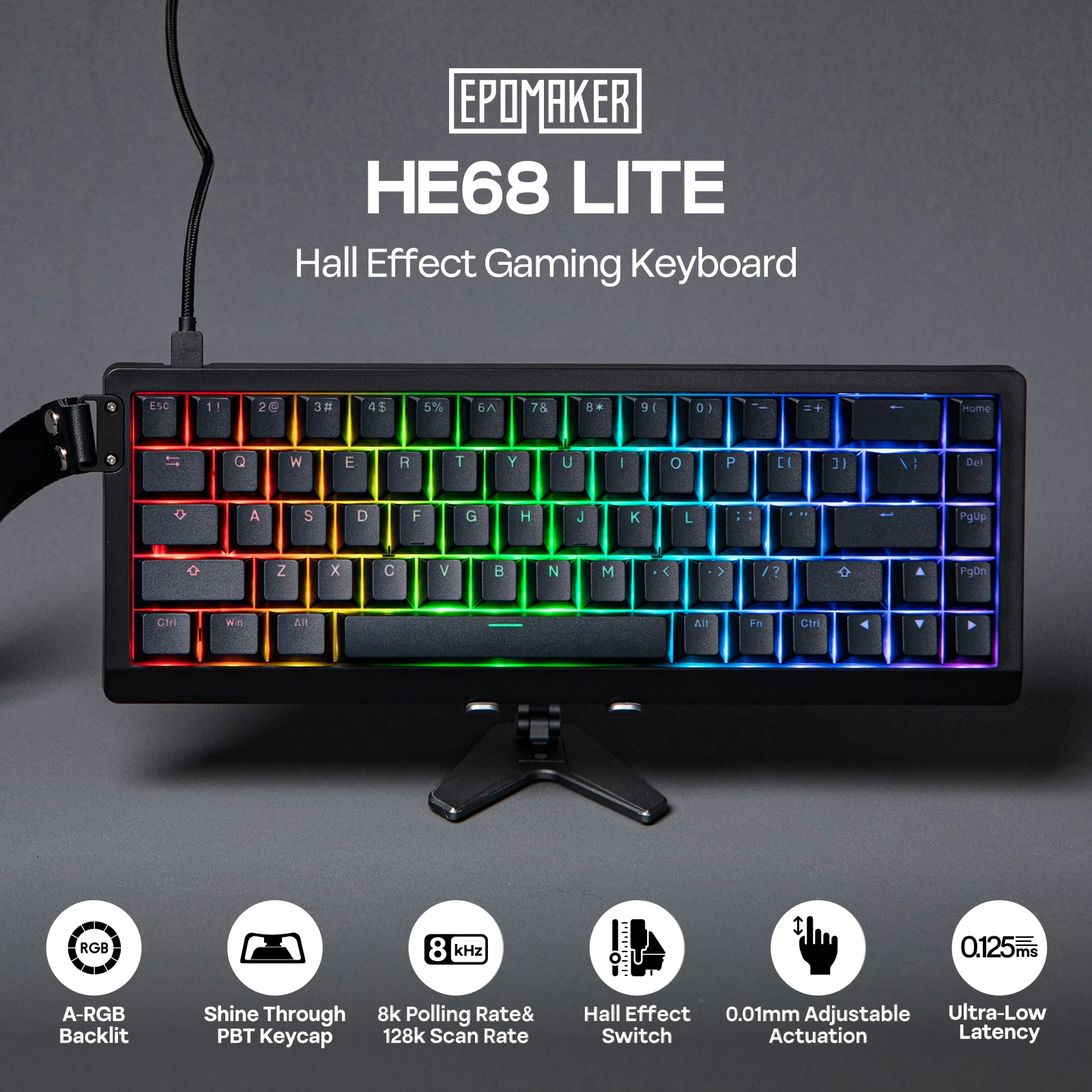 

EPOMAKER HE68 Lite Magnetic Switch Mechanic Keyboard Wired Hall Effect DKS SOCD RGB Backlight 65% ANSI US Layout Tray-Mounted