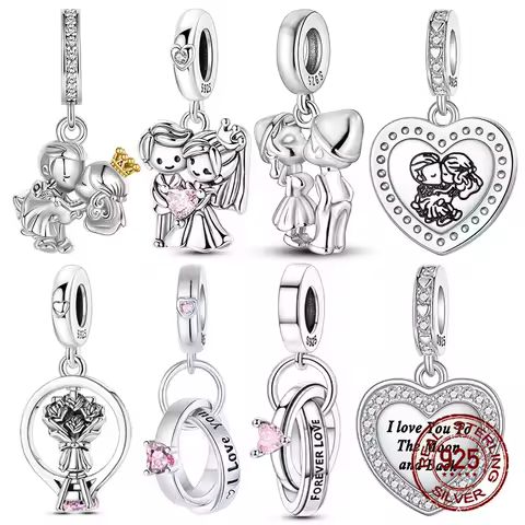 S925 Sterling Silver Couple Kissing Charms Wedding Double Ring Pendant Fit Bracelets Women DIY Jewelry Valentine&rsquo;s Day Gift