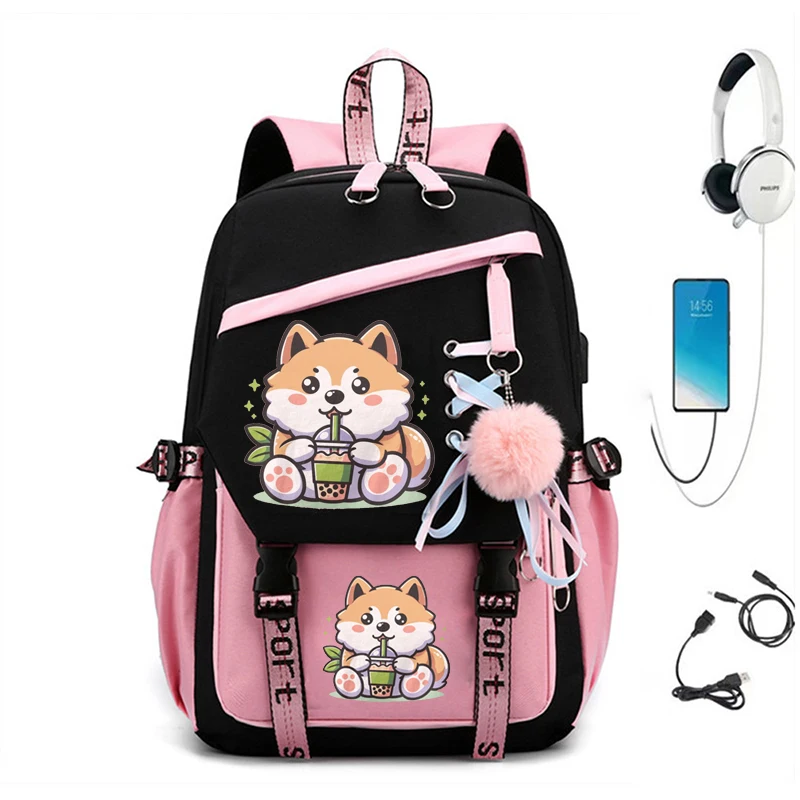 Large Capacity Students Backpack Casual Waterproof Nylon Shoulder Bag Shiba Inu Drinking Boba Tea Fashion Travel College Bagpack