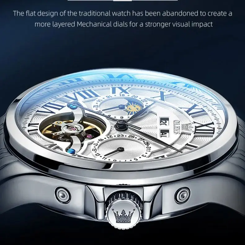 OLEVS 7013 ساعة رجالية فاخرة مجوفة دولاب الموازنة ساعة ميكانيكية للرجال من الفولاذ المقاوم للصدأ 24 ساعة مرحلة القمر ساعة أوتوماتيكية أصلية للرجال