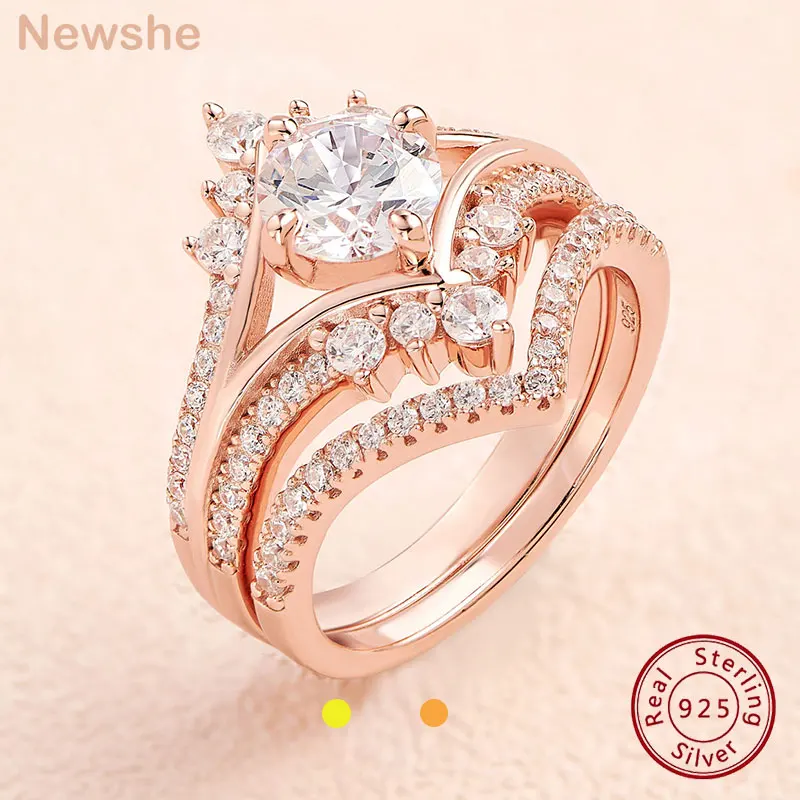 Imagem -02 - Newshe-forma Coroa Conjuntos de Anel de Noivado de Casamento para Mulheres Ouro Rosa 925 Prata Esterlina Vintage cz Chevron Banda Empilhadora Aaaaa