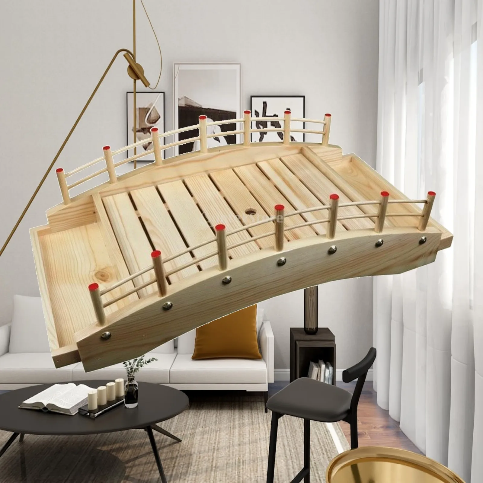 Japanese Wooden Sushi Bridge Tray for Sashimi Serving Platter Appetizer Holder with Slatted Top Home Dining