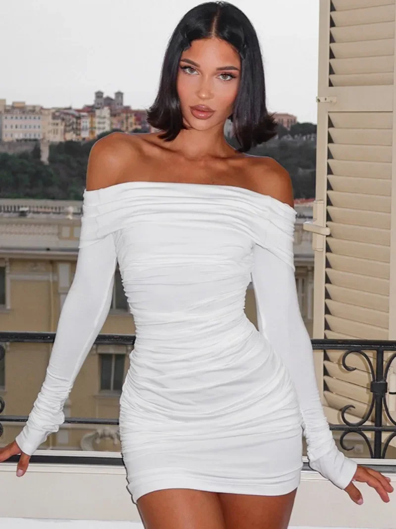 

Fashion Casual Slash Neck Long Sleeve White Dresses for Women 2024 Fall Off Shoulder Folds Bodycon Short Party Dress Streetwear