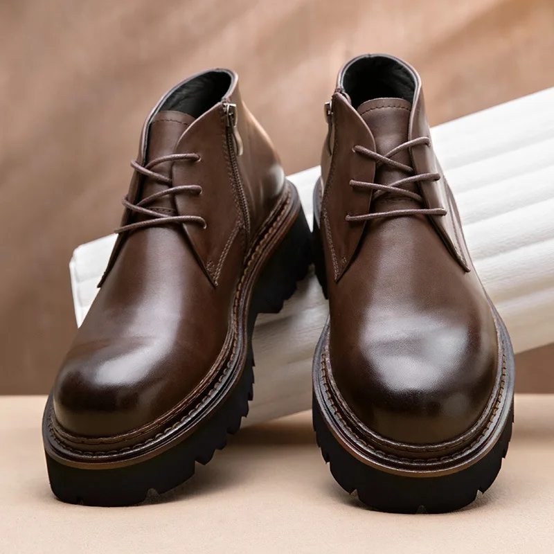 Fashion Genuine Leather Mens Ankle Boots Handmade Quality Comfortable Elegant Platform Black Retro Wedding Social Shoes for Male image 2