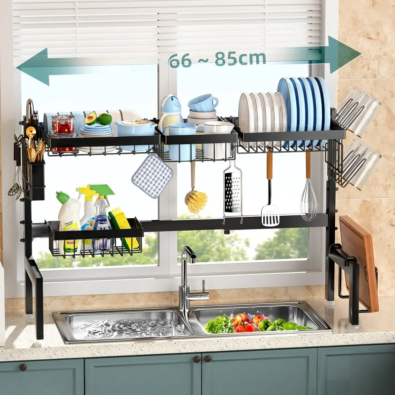 Over The Sink Dish Drying Rack,Expandable 2-Tier Stainless Steel Over The Sink Dish Rack with Utensil Holder Dish Drainers