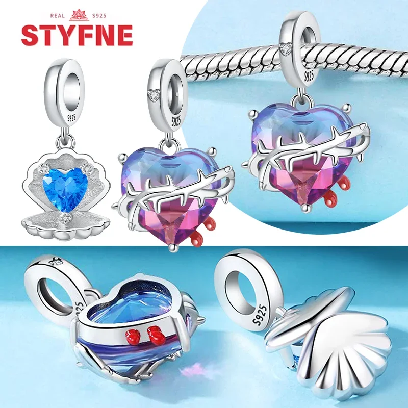 Sterling Silver 925 Gradient Color Heart-shaped Pendants Bracelet Charms Jewelry Party Beads DIY Fine Gift Accessories for Women