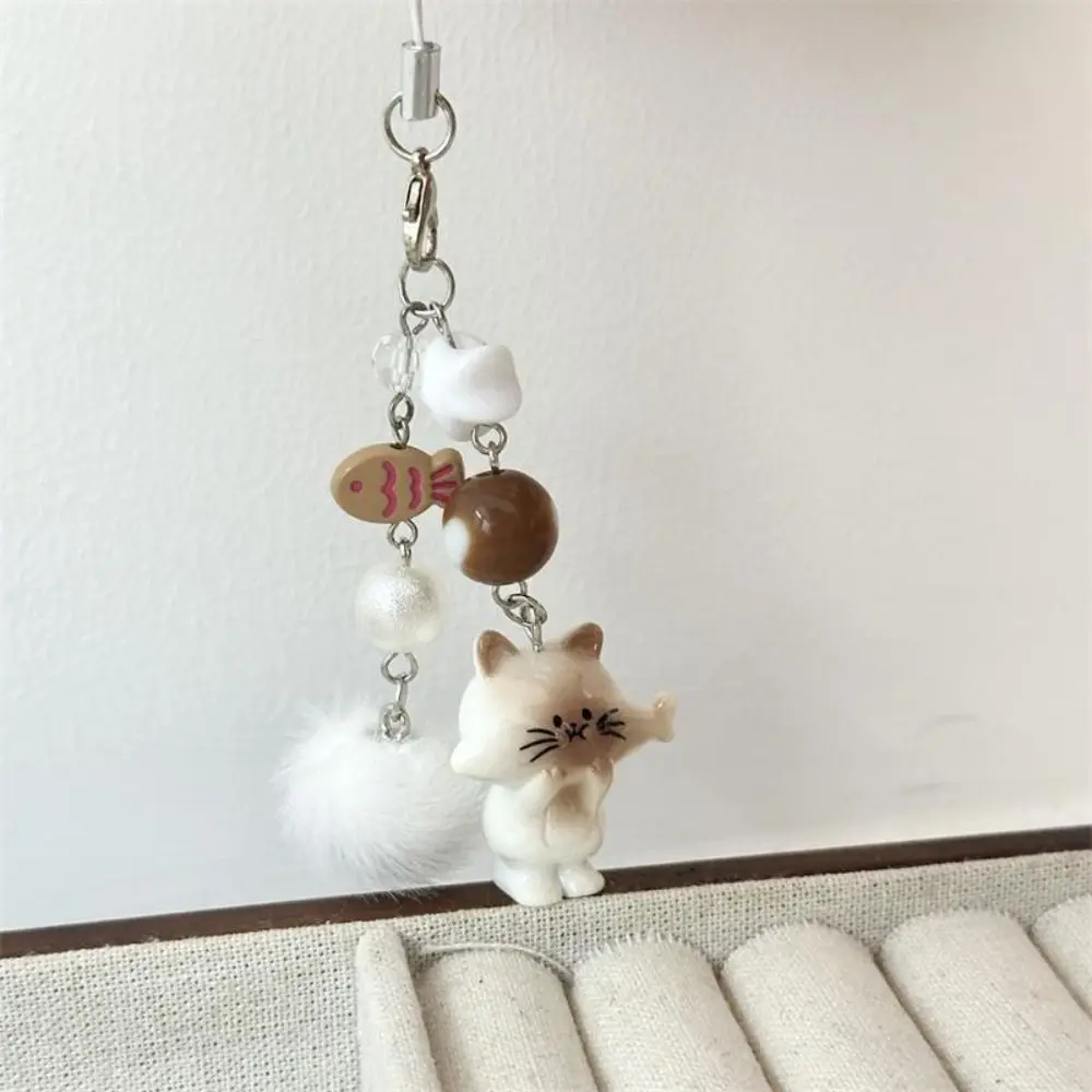

Stylish Y2K Cat Phone Chain Cat Figurine Bag Charm Hairball Bead Pendant Cute Mobile Lanyard Fur Ball Key Ring Hanging Ornament