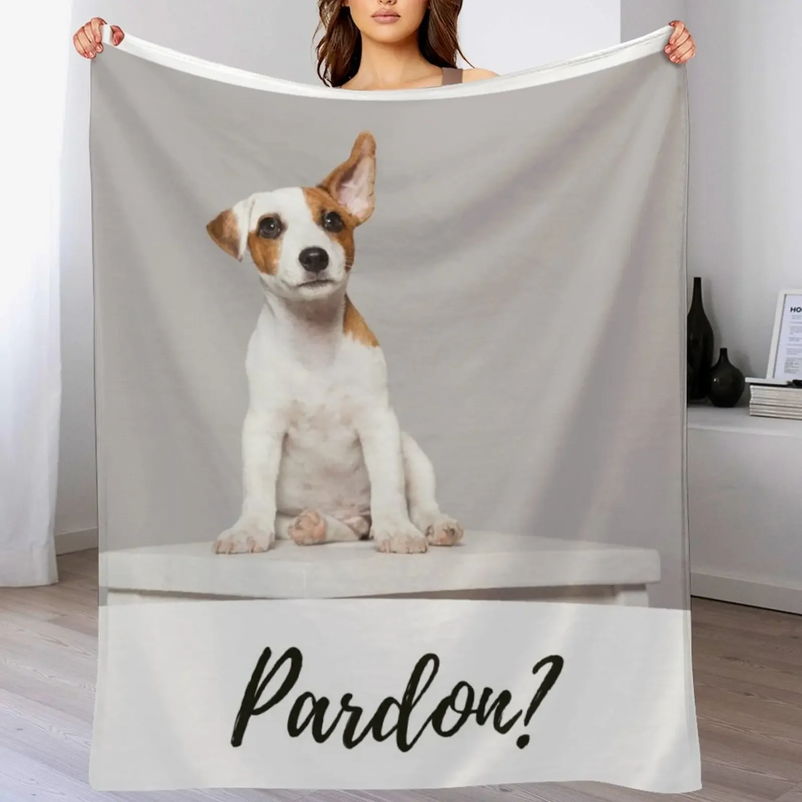 Pardon? Jack Russell Terrier puppy. Sitting. One ear folded over, the other pointed upwards Throw Blanket Winter beds Blankets