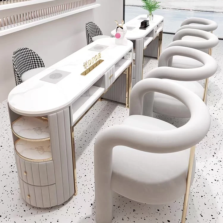 

Luxury stainless steel marble tabletop manicure table with chairs can be customized size and color with fan for nail shop