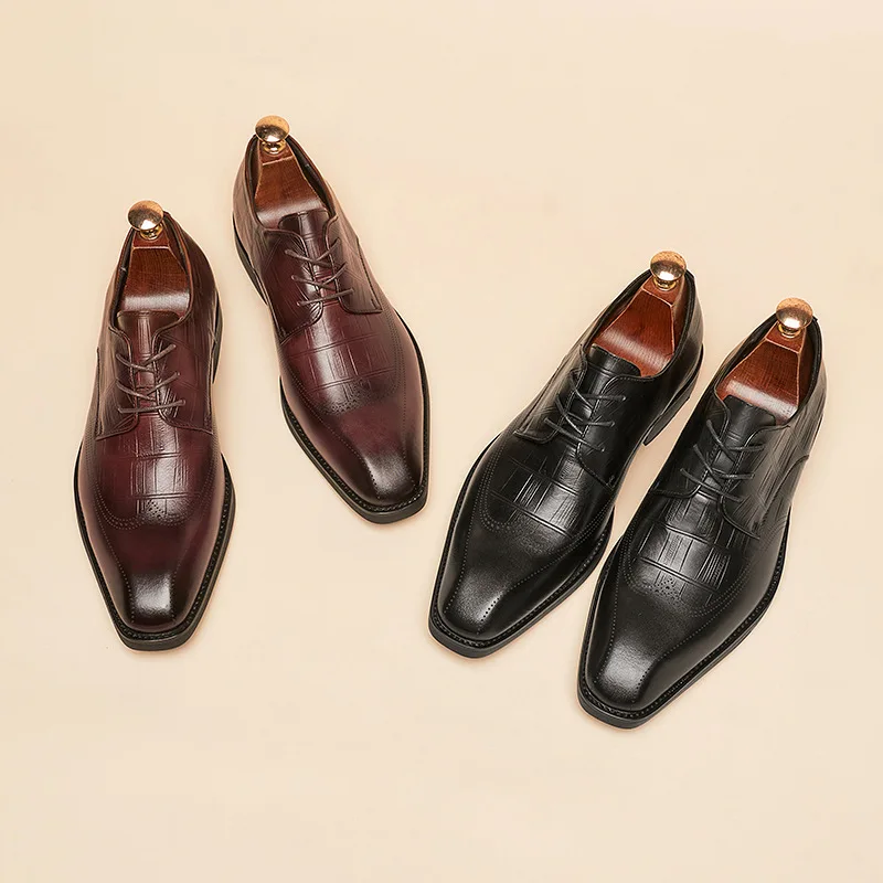 Spring And Summer Leather Genuine Leather Small Square Toe Block Carving Derby Toe Layer Cowhide  Business Dress Men's Men Flats