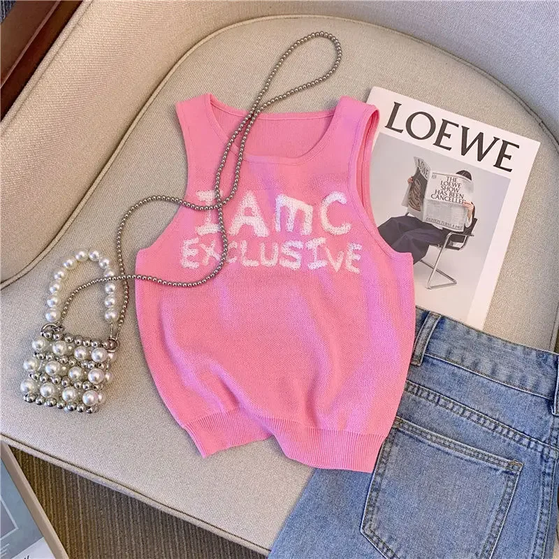 Pink Sleeveless Knitted Halter Vest Women\'s Summer 2024 Fashion Letter Embroidered Crop Top Outside Wear Tank Top