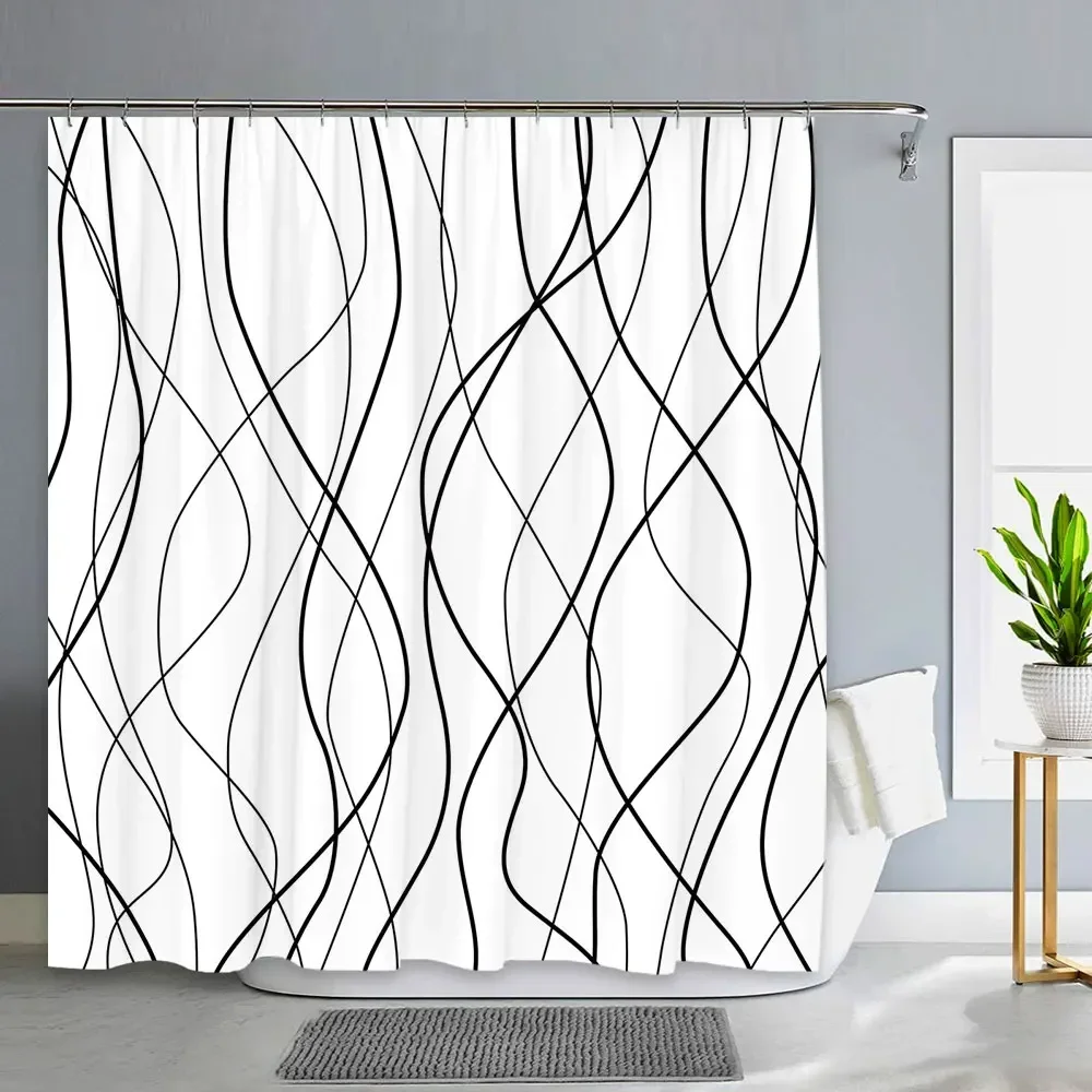 Black and White Striped Shower Curtain, Abstract Modern Minimalist Waterproof Fabric Shower Curtain With Hooks Bathroom Decor