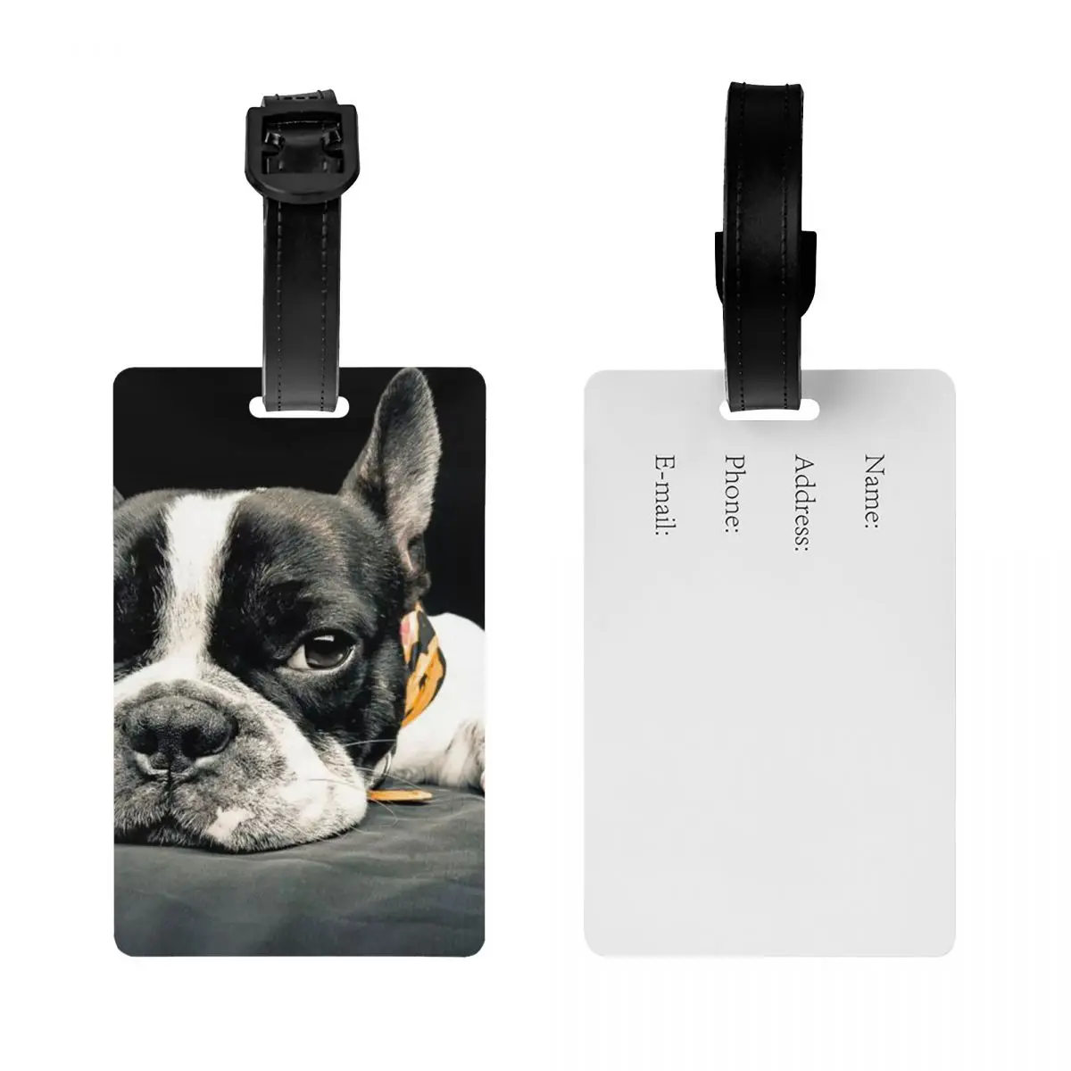 Czarne zawieszki na bagaż z motywem bostoniela, akcesoria do walizek, etykiety na bagaż podróżny, identyfikatory do bagażu, uchwyt na etykiety z imieniem, nazwiskiem i adresem.