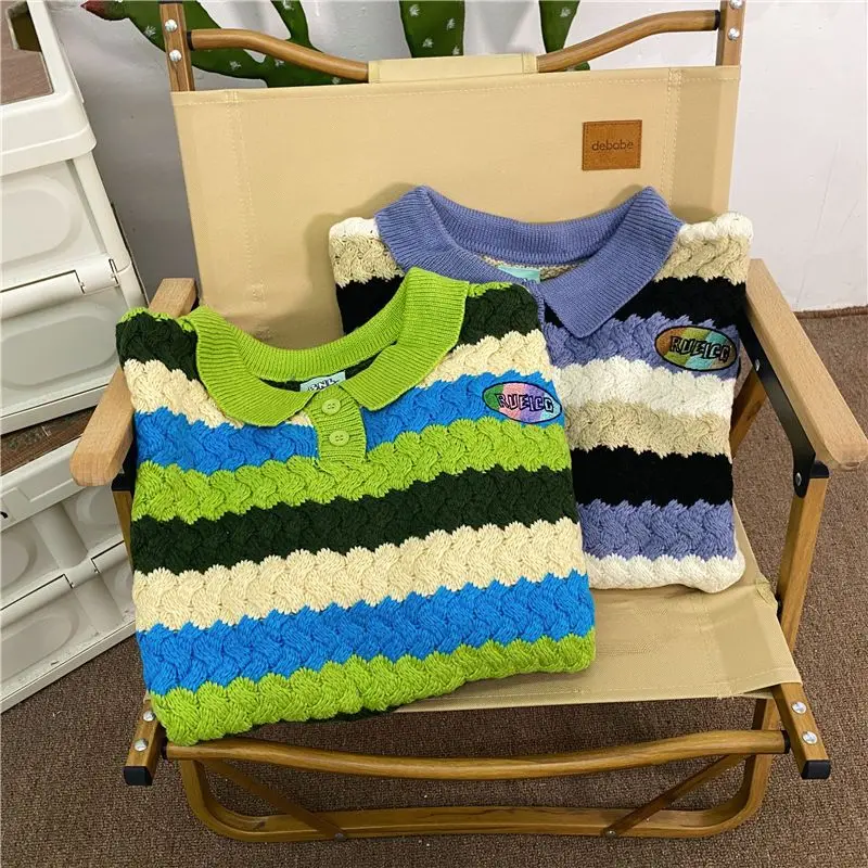Colorblock twist POLO collar knitted sweater for women in autumn loose design color label top Japanese style gentle style jacket