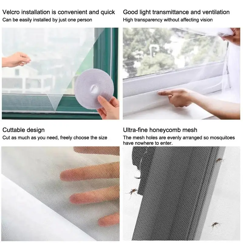 Anti Fly Mosquito Window Net Self-Adhesive DIY Breathable Fine Mesh No Drilling for Home Bedroom Kitchen Windows