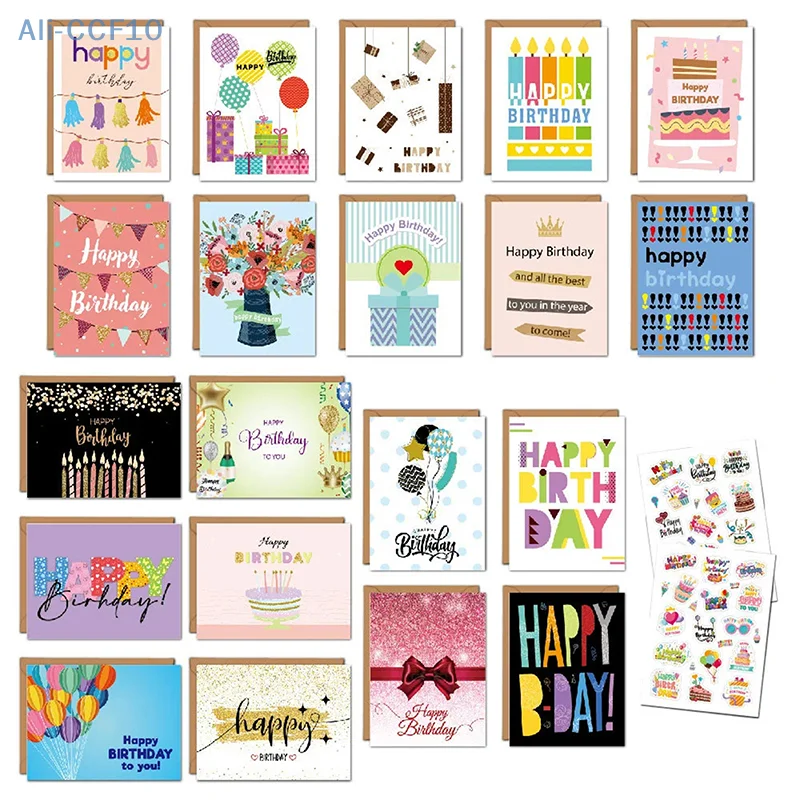 Happy Birthday Card Set, Folding Birthday Card, Contains 20 Foldable Cards And 20 Envelopes And Two Stickers