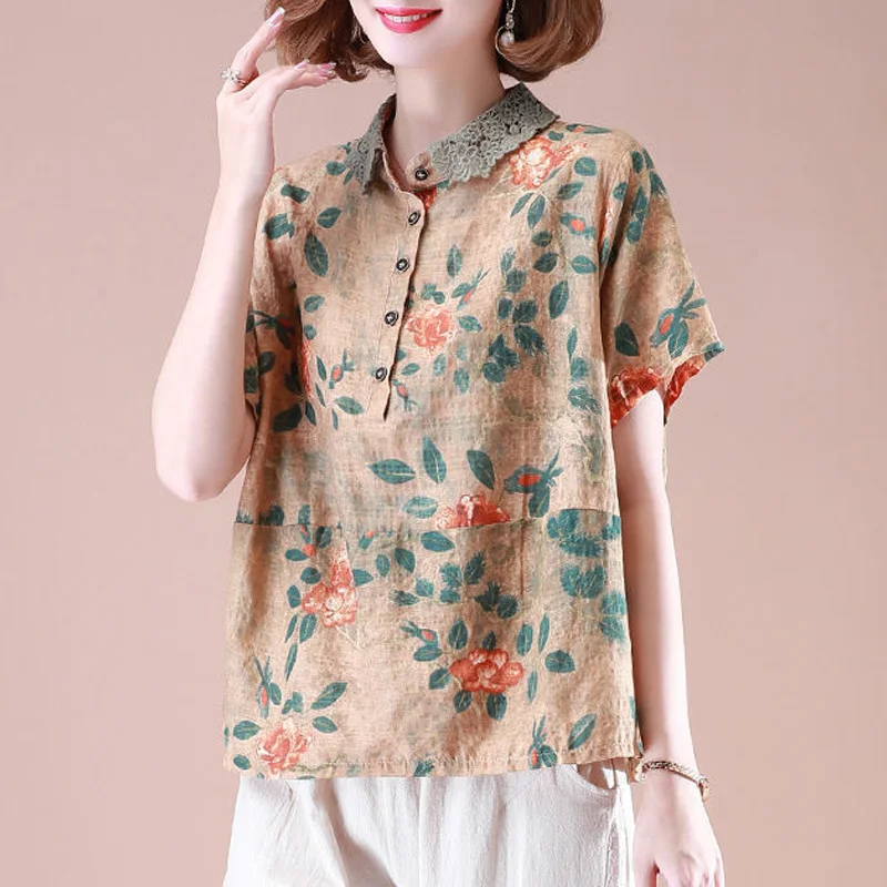 2023 New Summer Fashion Trend Commuting Minimalist Printed Lapel Panel Lace Oversized Casual Loose Fitting Women's Shirt