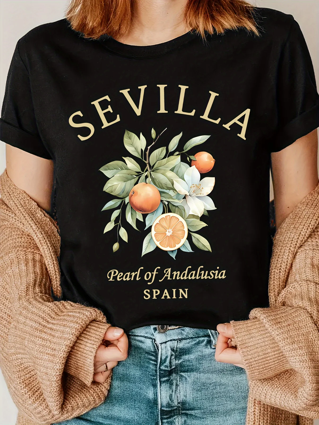 Casual Summer T-Shirt with A Print of Souvenirs From Sevilla Spain Summer Sleeved Harajuku Streetwear Tops Tee Aesthetic Clothes