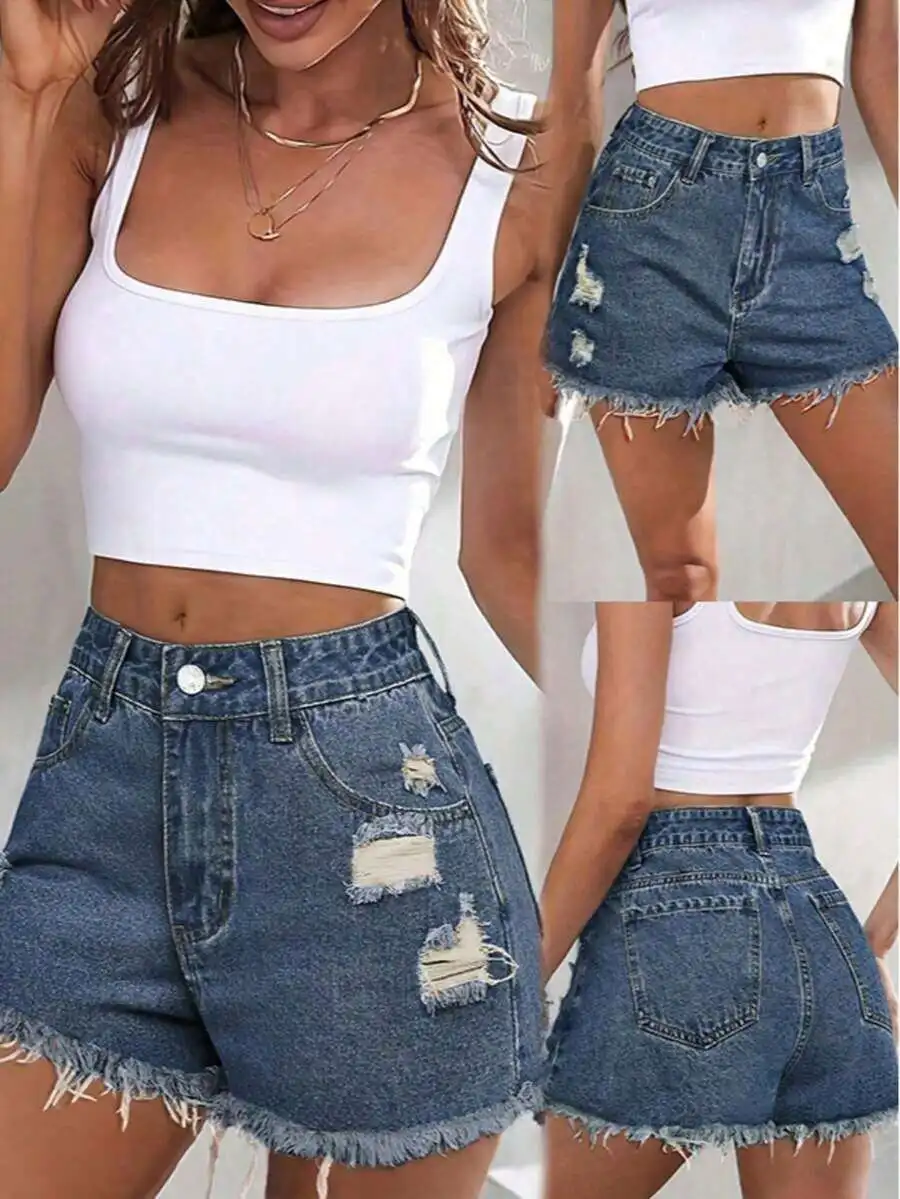 

Womens Denim Shorts With Frayed Hem And Distressed Holes Casual Mid Waist Short