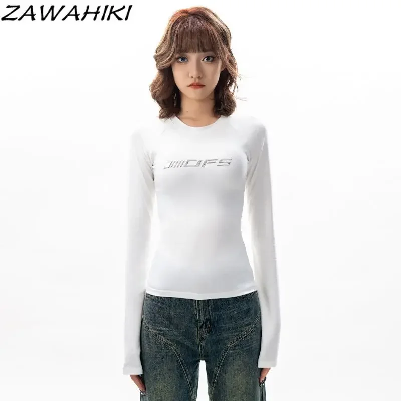 Chic Designed Letter Print Slim Y2K Long Sleeve Kpop Aesthetic T Shirt Women Fall Winter Sweet Fashion All Match Tops Mujer