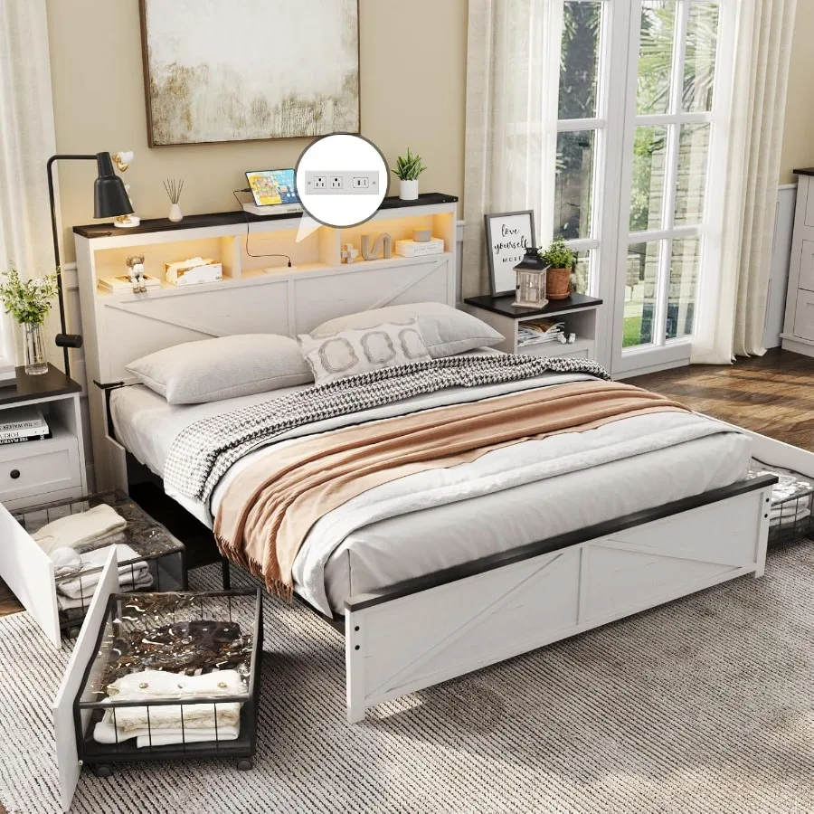 إطار سرير كامل الحجم للمزرعة مع 48 لوح رأسي للتخزين طويل القامة، منصة خشبية لغرفة النوم، إطار سرير بدون صندوق زنبركي، 4 أدراج تخزين