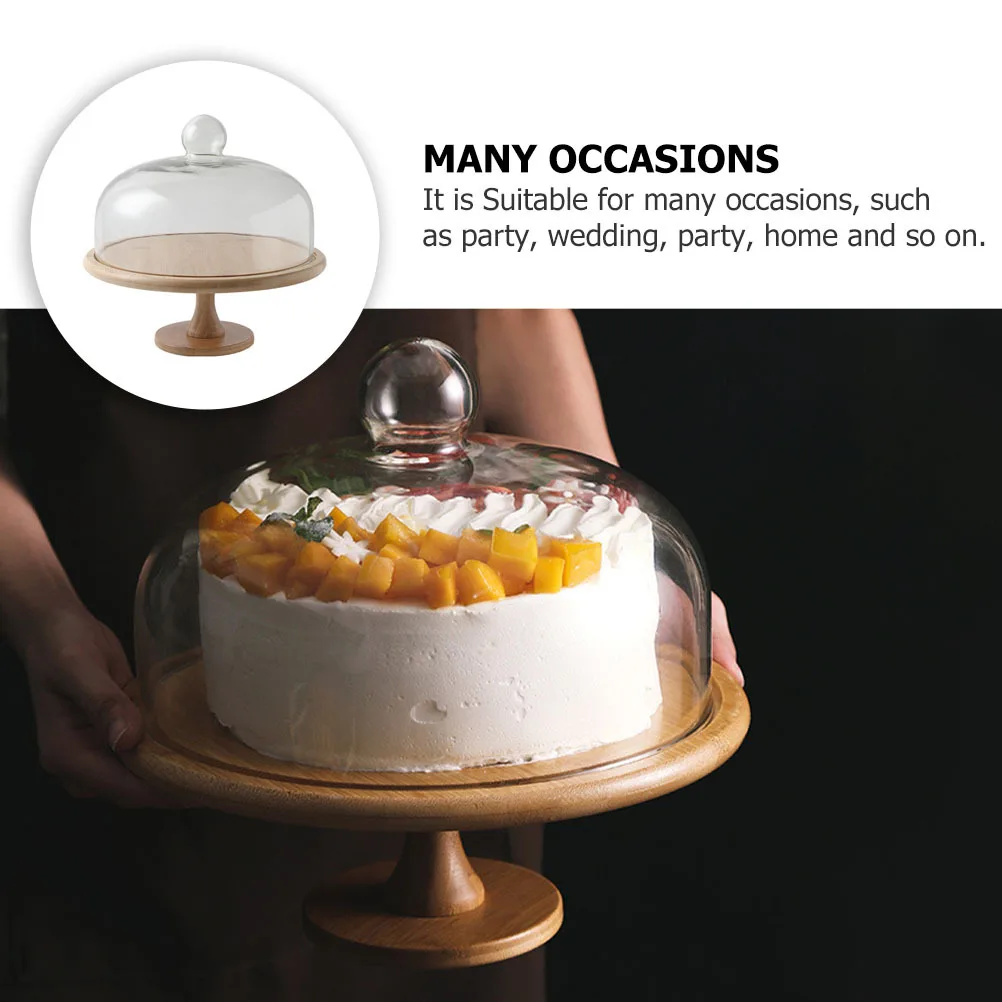

1Set Transparent Glass Cover Cake Tray Wooden High Foot Dessert Plate Display Snack Bread Food Tray for Party Wedding Home
