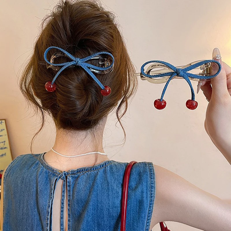 Ladies' Hair Clips Korean Cherry Pendant Bow Kawaii High-quality College Style Hair Accessory Sweet Fashion Versatile Barrette