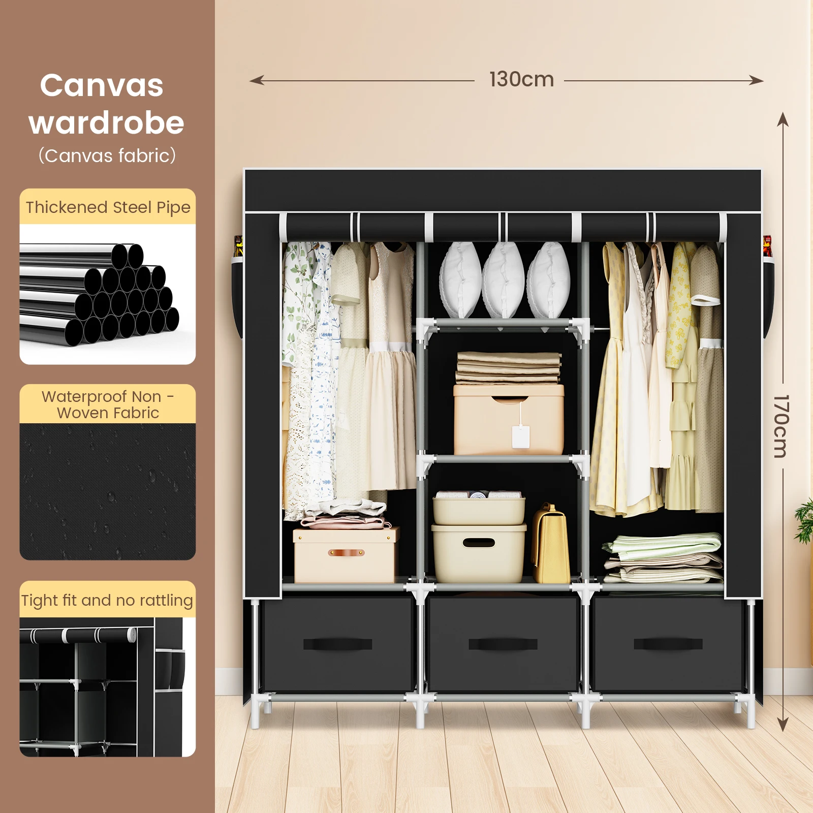 Large Fabric Canvas Wardrobe with Hanging Shelving Clothes Storage Closet Shelf Durable Construction Easy Assembly Roll-up Door