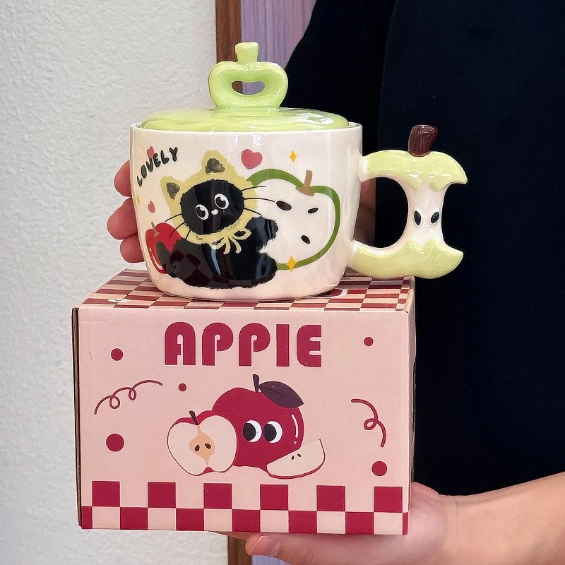 Cat Apple Ceramic Cup Fashion Creative Makeup Cup Lid Handheld Gift Water Cup Christmas Coffee Cup Breakfast Milk Cup Water Cup