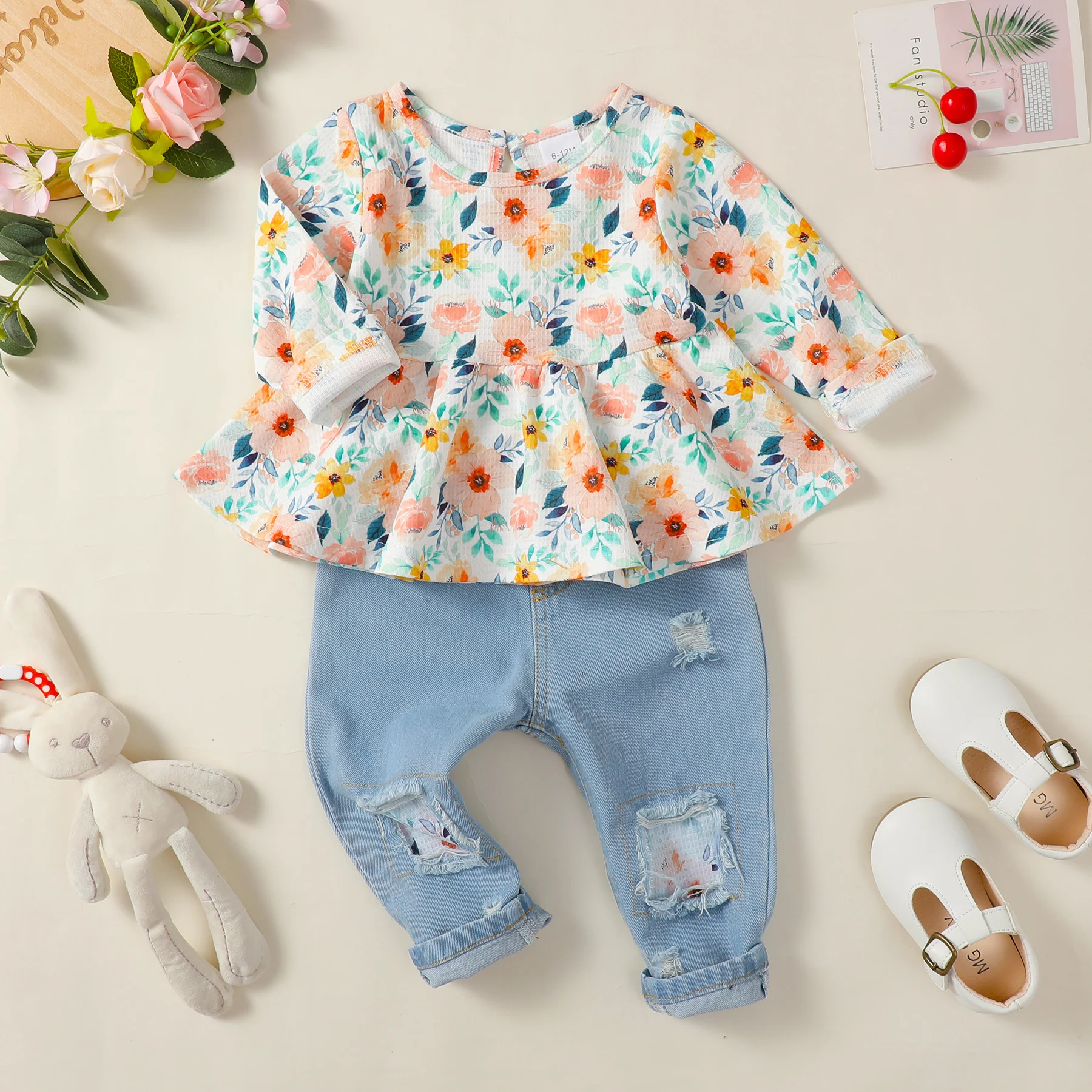 1-4 Years Kids Girls Suit Long Sleeve Flower Ruffle Tops+Elastic Waist Denim Pants 2pcs Set Toddler Girl Clothes Spring Outfit