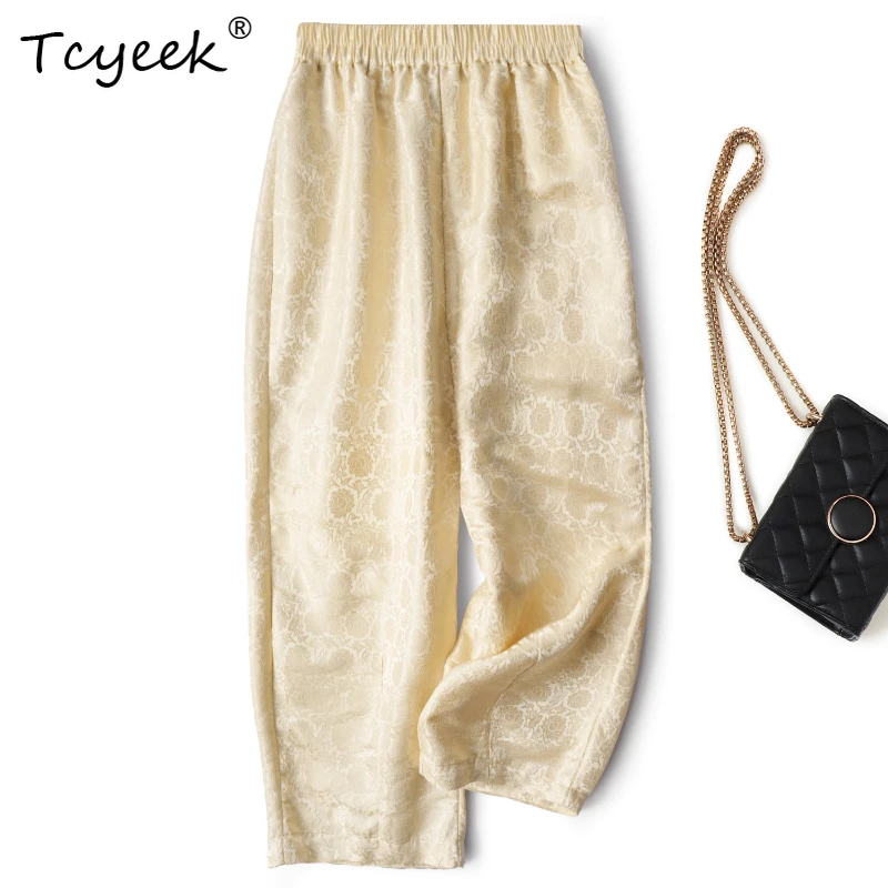 

Tcyeek 30mm 100% Real Mulberry Silk Summer Thin High Waisted Plus Size Beige Haren Cropped Women' S Pants Брюки Женские Летние