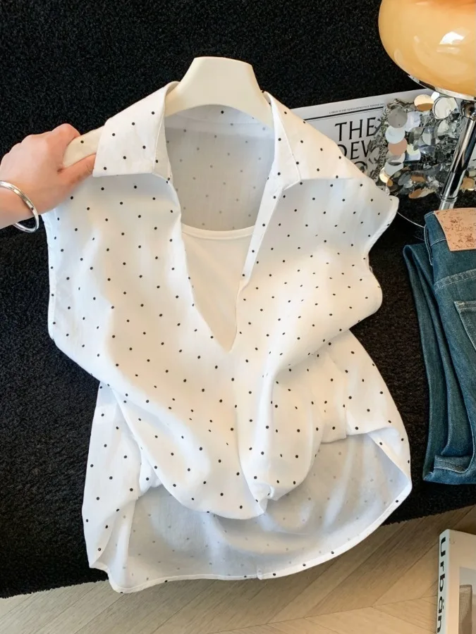 

Summer Polka Dot Short Sleeve Fake Two-Piece Women's Shirt Folded Design Slimming International Style Korean Loose Fit Blouse