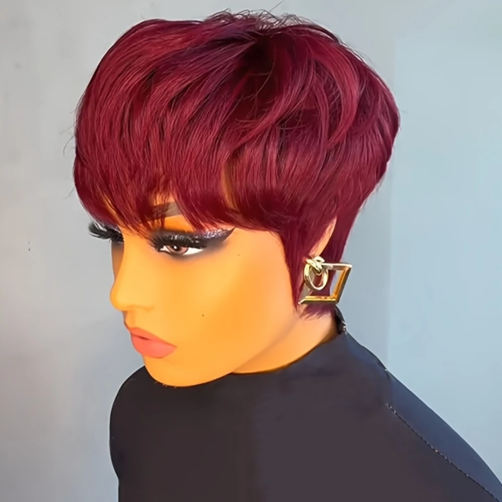 99J Burgundy สี Pixie ตัดตรงวิกผมผมมนุษย์ผู้หญิงเต็มรูปแบบวิกผมมนุษย์ 150% ความหนาแน่น 6 นิ้ว