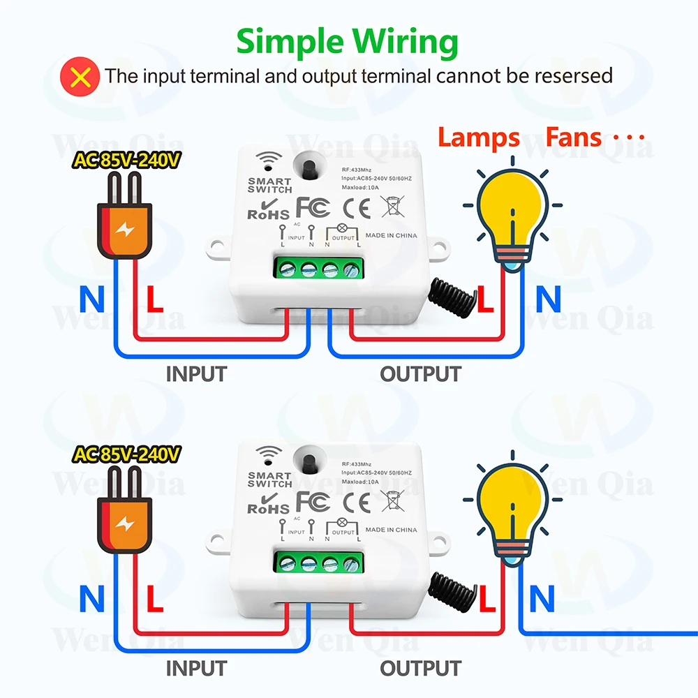 433MHz 110V 220V  Wireless Remote Control Light Switch,50m Control Range Transmitter,10A RF Mini Relay Module,for LED Fan ON OFF