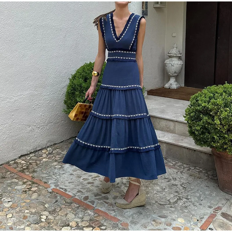 

Women Vintage Chic Fringes Spliced Midi Ruffles Dress Fashion V Neck Sleeveless High Waist Robes 2024 Summer Lady Party