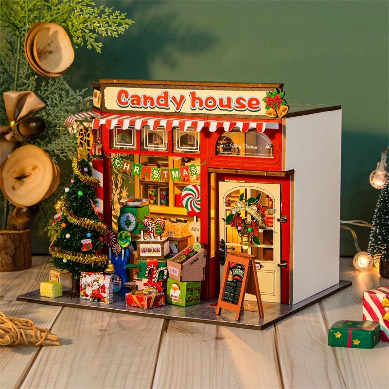 Diy kits de construção em miniatura de madeira casa de doces casas de bonecas com móveis casas de bonecas para amigos presentes de aniversário