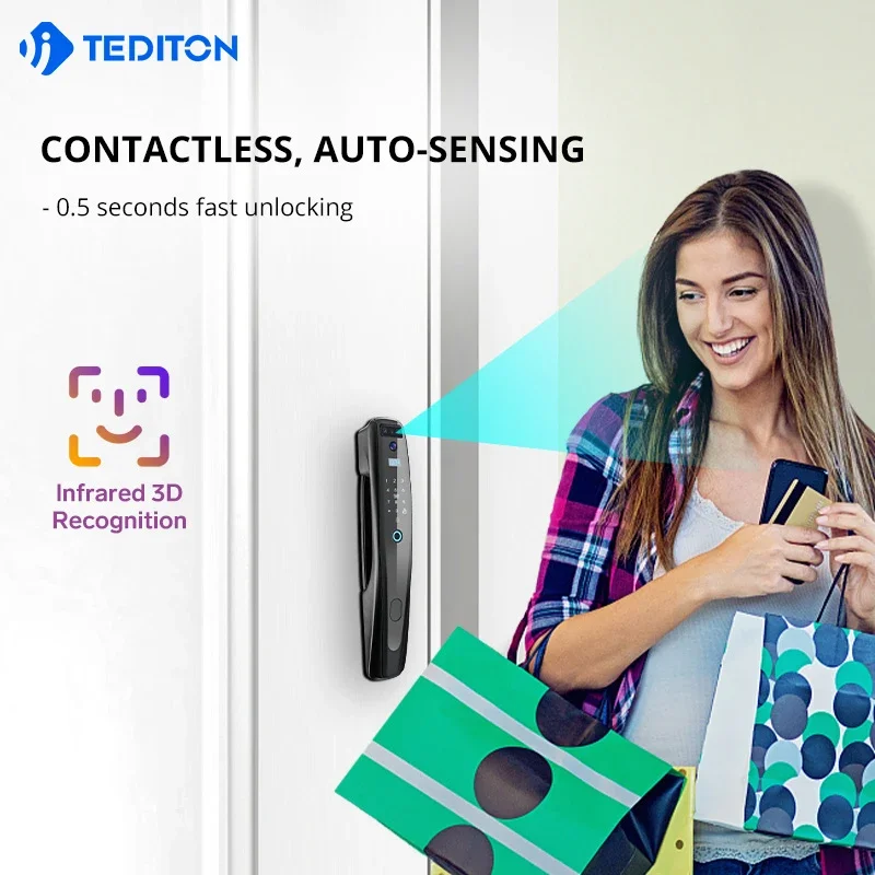 003 Tediton Biometric Digital Tuya Wifi Photo Camera Capture Fingerprint Smart lock with Face Recognition Door Lock