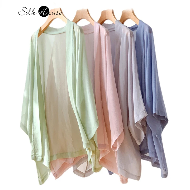 

Kimono Style Candy Colored Batwing Sleeves 100%Natural Mulberry Silk Sun Protection Clothing Air-conditioned Cardigan