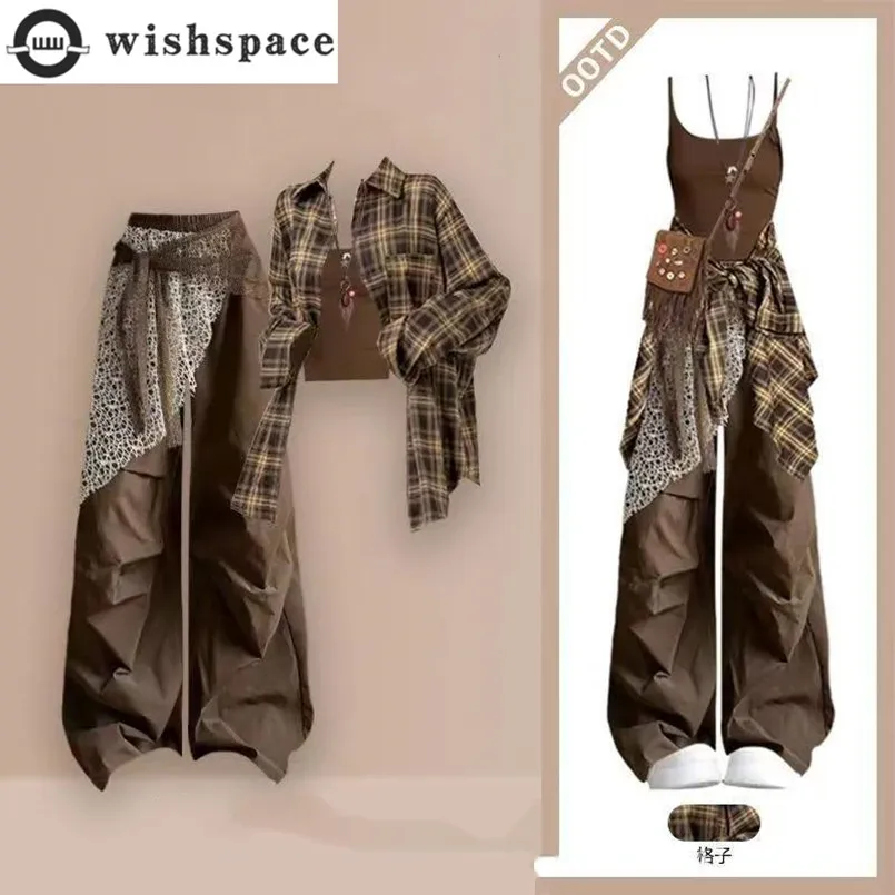 

Fashion Women's Set Spring and Autumn Korean Version Spicy Girl Camisole Shirt Maillard Work Pants Three Piece Set