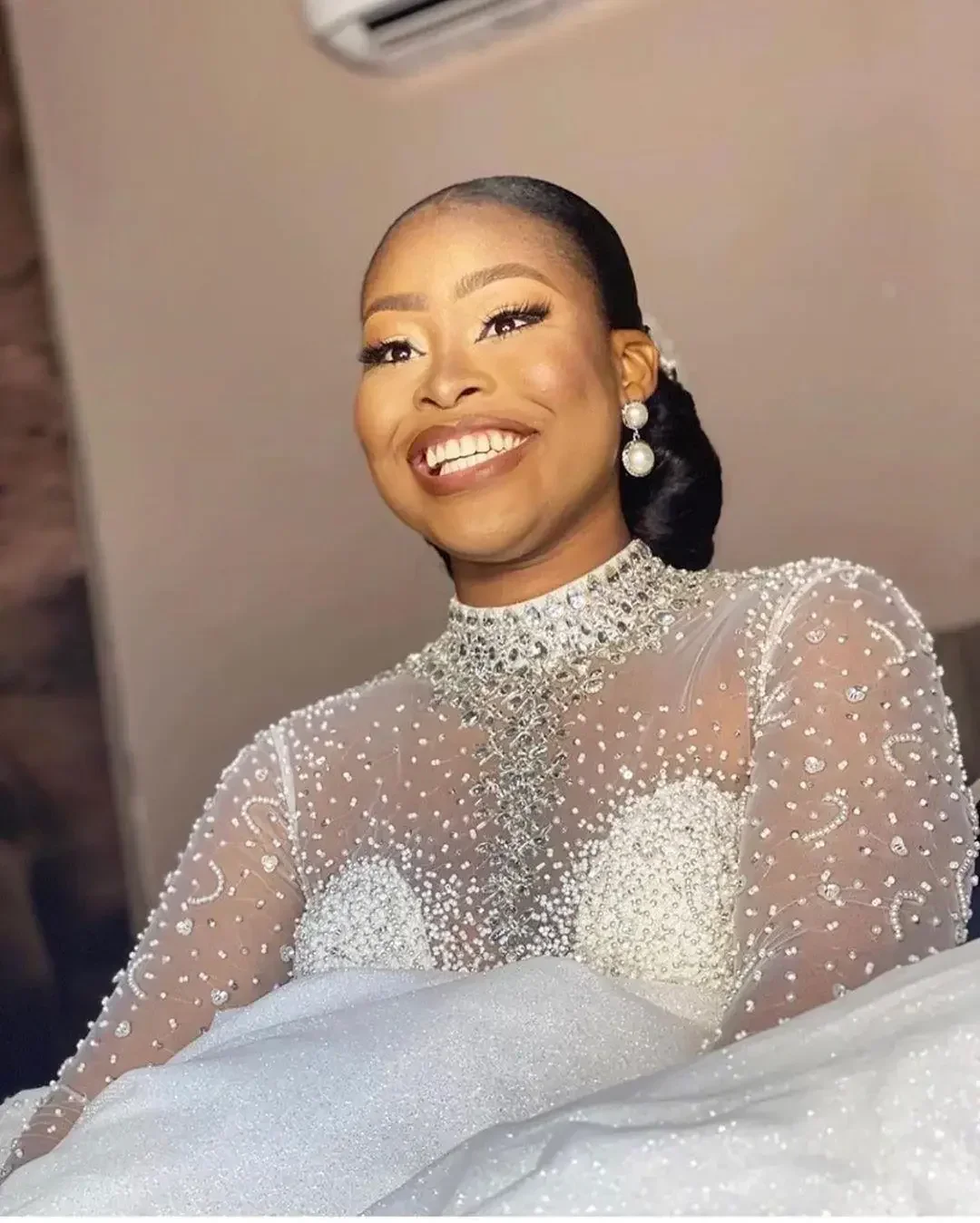 Personalizado beading plus size vestidos de casamento sul africano sheer alta pescoço mangas compridas vestidos de noiva