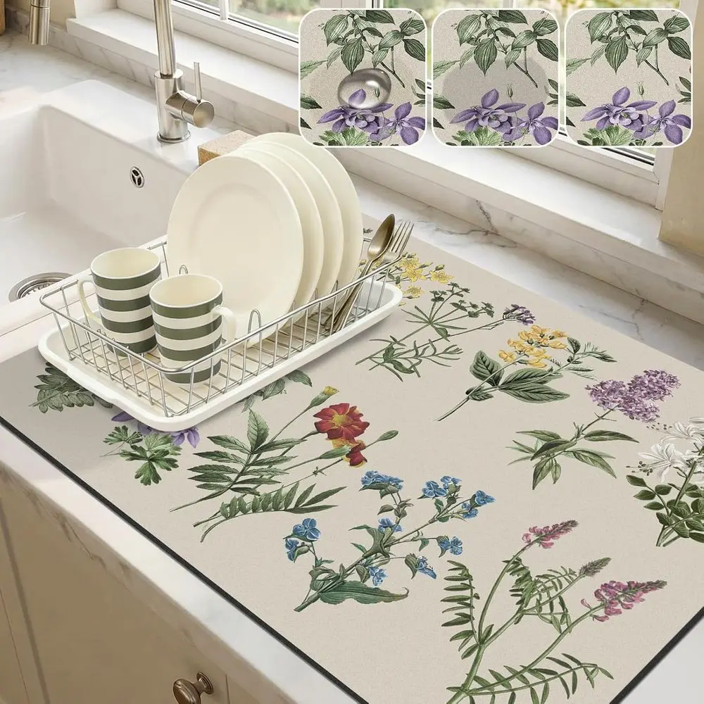 18x24 Inch Vintage Sage Herbs Absorbent Dish Drying Mat for Kitchen Counter & Dining Room Decor