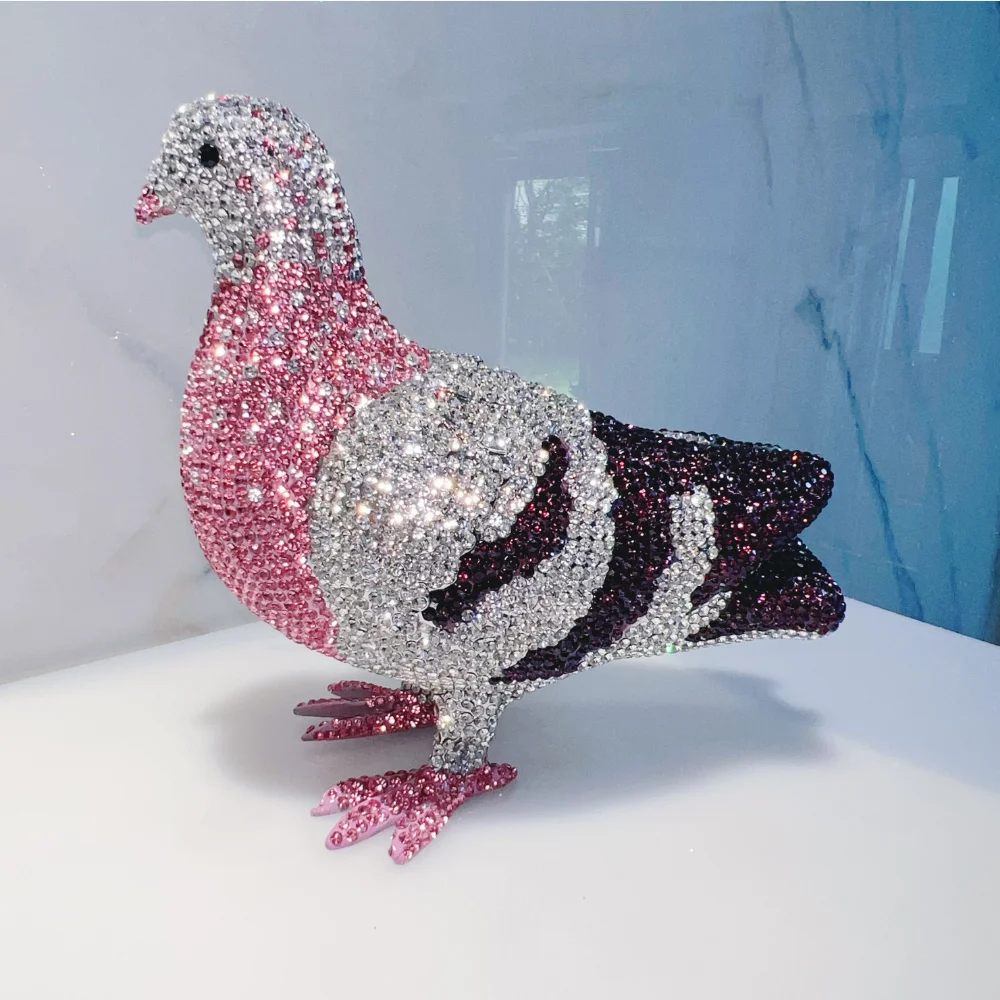Women's 3D Pigeon Shaped Rhinestone Evening Clutch Handbag Luxury Crystal Bird Crossbody Purse for Wedding Party Statement