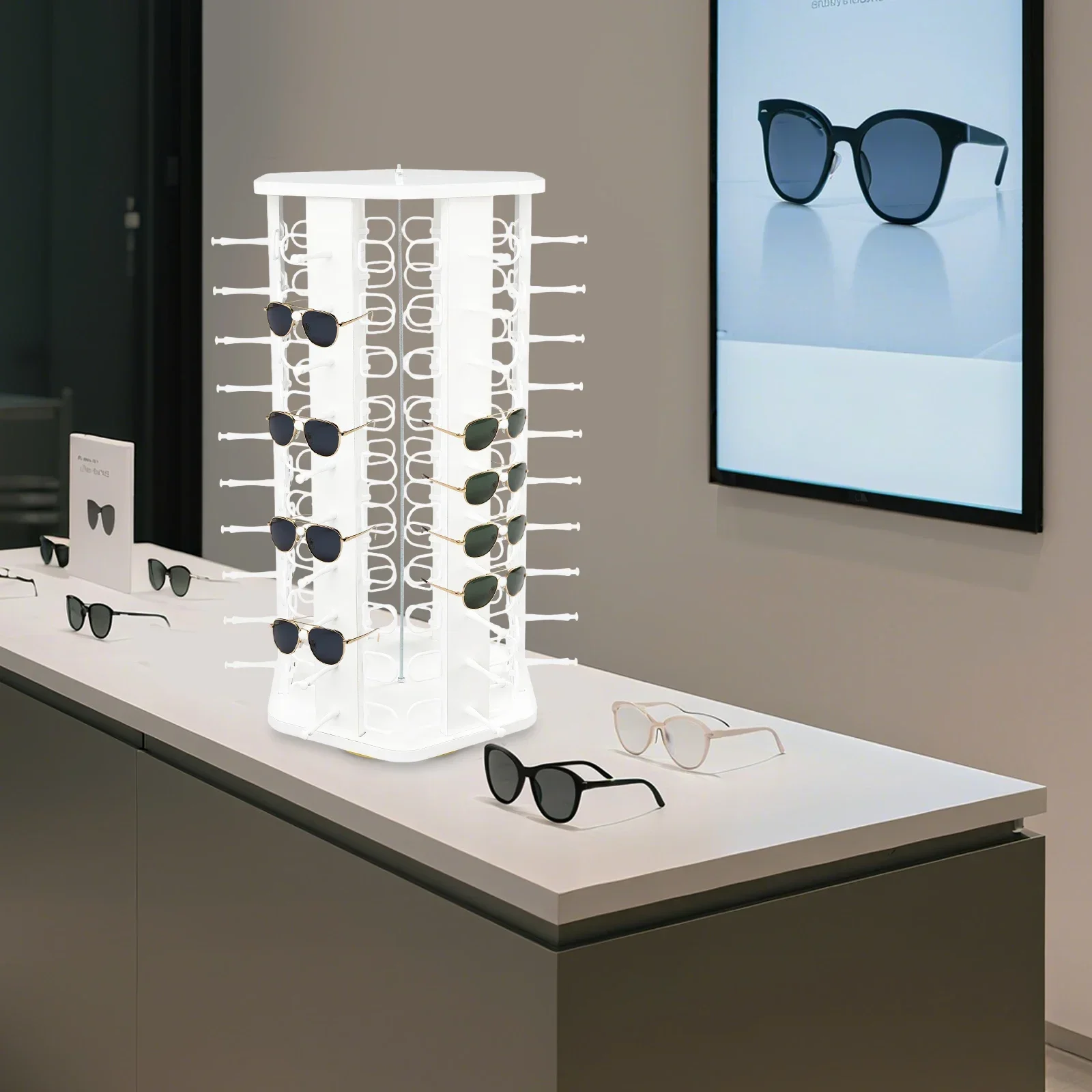360 ° رف عرض النظارات الدوارة، تصميم سطح الطاولة بسعة 60 زوجًا يجذب العملاء، سهل التجميع لمتاجر البيع بالتجزئة #1