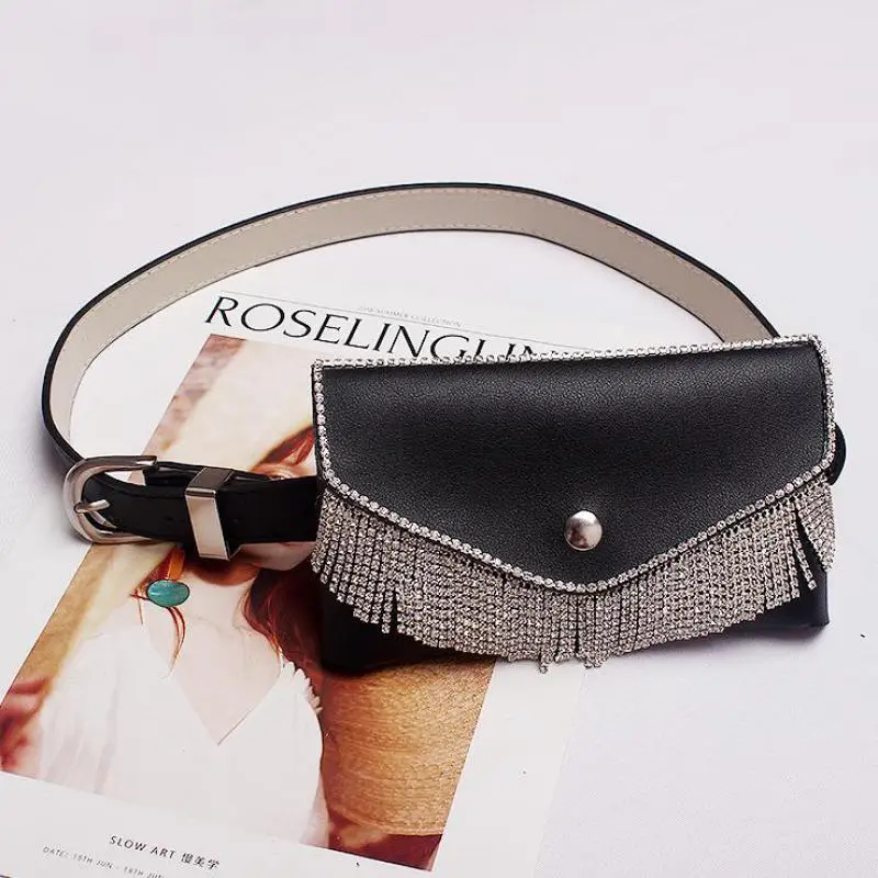 Glitter Full Diamond Waist Bag New Fashion Dark Buckle Pu Leather Belt Pockets Belt Ladies Dual-use Three Optional Tide Bag 729