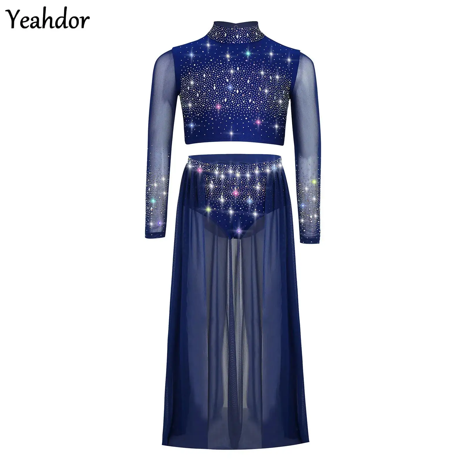 

Kids Girls Lyrical Dance Set Long Sleeve Rhinestone Crop Top with Sheer Mesh Skirt Contemporary Skating Ballet Jazz Dance Outfit