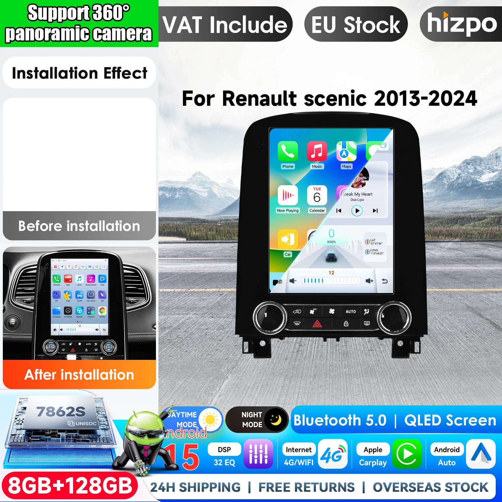 Hizpo 9,7'' Lettore Multimediale GPS Android 15 per Auto Renault Scenic 2013 - 2024 Carplay 4G-LTE Stile Tesla Autoradio 2din con Telecamera 360 Display Touch Airplay Lettore Radio Auto Stereo