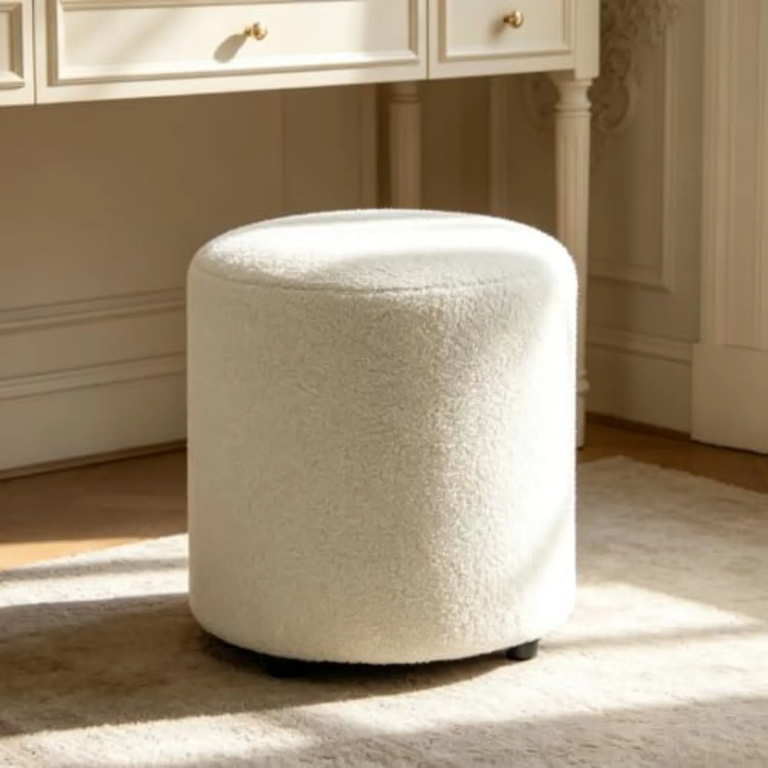 Modern Round Ottoman, Teddy Fleece Vanity Stool Footrest, Upholstered Stool for Makeup, Bedroom, Living Room, White