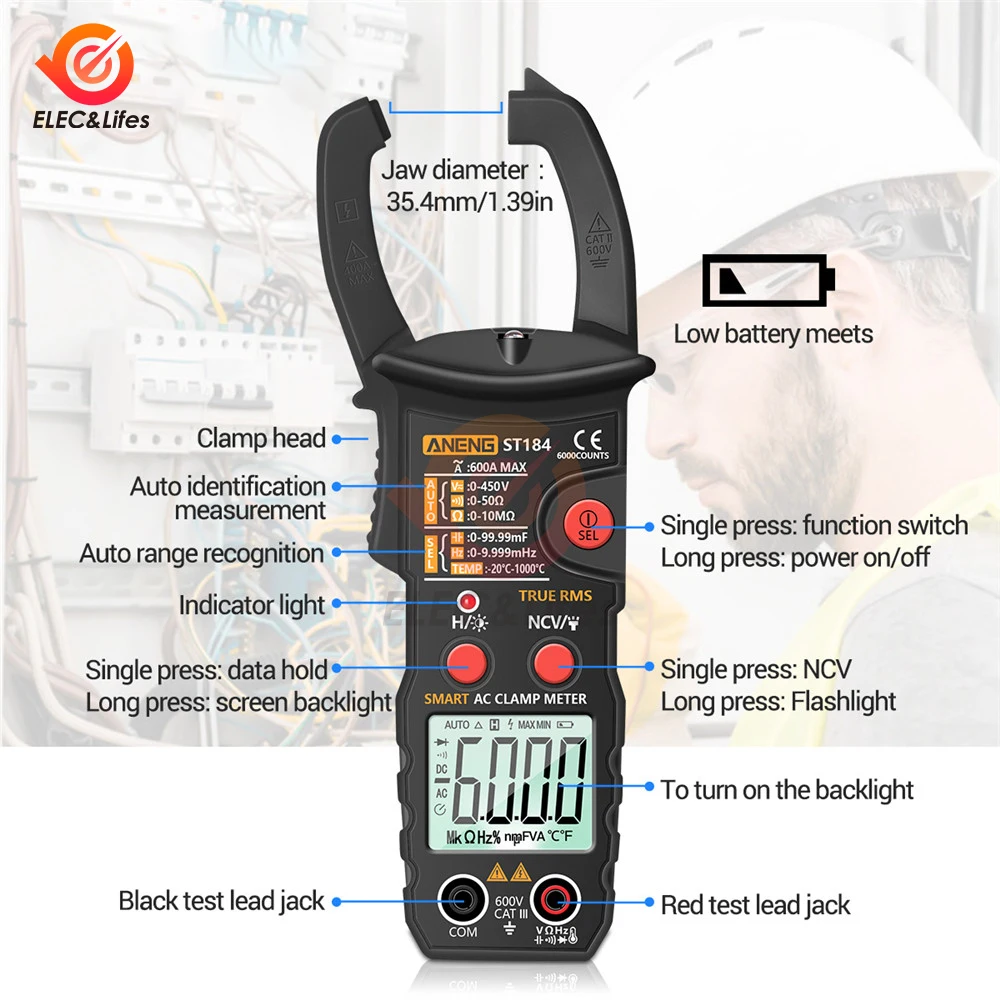 ST184 Digital Clamp Multimeter Meter 6000 Counts Professional True RMS AC/DC Voltage Current Tester Hz Capacitance Ohm