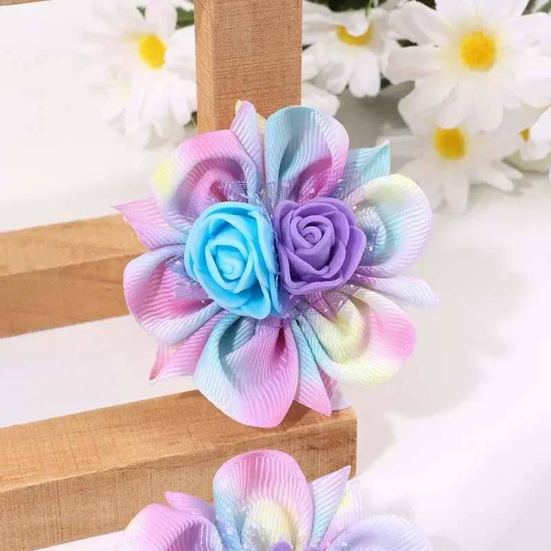 Oaoleer 2 STKS Regenboog Lint Bloem Haar Clip Schattige Kleine Meisjes Kleurrijke Rose Bloemen Haarspeld Kinderen Haarspeldjes Meisje Haaraccessoires