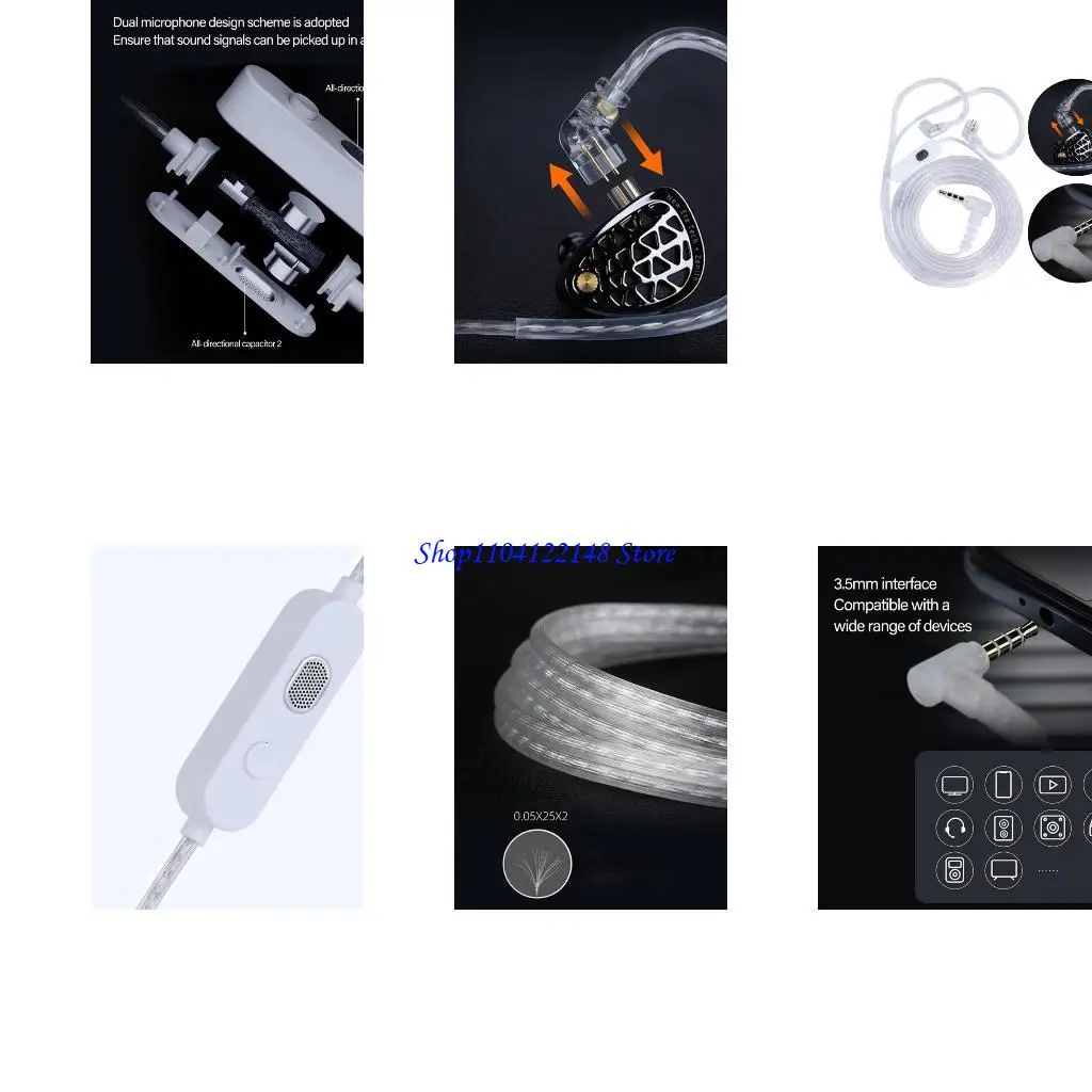 P9FA KZM2 Cable 3.5mm 2 ميكروفونات فضي مطلي بالترقية كابلات سماعة الأذن مع مفتاح ضبط EQ لـ ZSN edx zs10